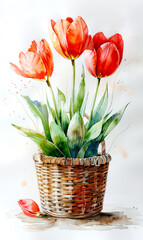 Bouquet of tulips in a basket on a white background. - 797449704