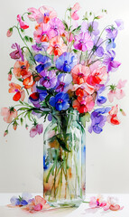 Bouquet of colorful flowers in glass vase on white background. - 797449712