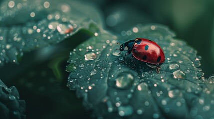 A ladybug nestled amidst dewdrops on a morning leaf, a charming symbol of luck and natural harmony. - obrazy, fototapety, plakaty