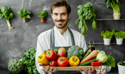 The image shows a dietitian presenting a variety of vegetables as a key element of proper nutrition. His knowledge and commitment to promoting healthy eating is evident in his enthusiastic approach.