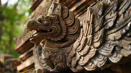 Close-up to the beautiful beside the head of garuda wooden statues, a large mythical king of bird.
