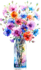 Bouquet of colorful flowers in glass vase isolated on white background. - 797449944