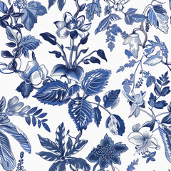 Chinoiserie blue and white seamless pattern. Vintage floral foliage
