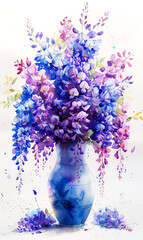 Bouquet of purple and blue flowers in vase on white background. - 797450190