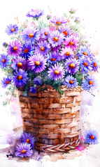 Bouquet of flowers in a basket. Watercolor painting. - 797450376