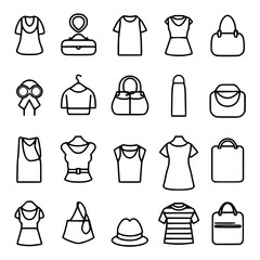 Fashion icon, clothing icon, dress icon, business icon, fashionable icon, accessory icon, icon, icons, set, vector, symbol, travel, sign, hotel, illustration, tourism, car, fashion, pictogram, silhoue