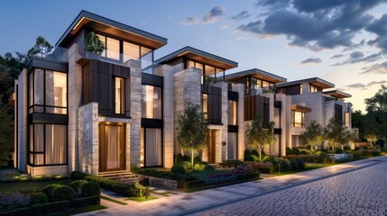 Fototapeta na wymiar A row of luxurious townhouses with a harmonious mix of wood stone and glass accents nestled amidst manicured landscaping and bathed in the warm glow of the setting sun 