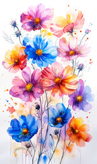 Colorful cosmos flowers on a white background. Digital watercolor painting. - 797450777