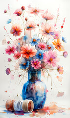 Colorful flowers watercolor painting on white background. - 797450780