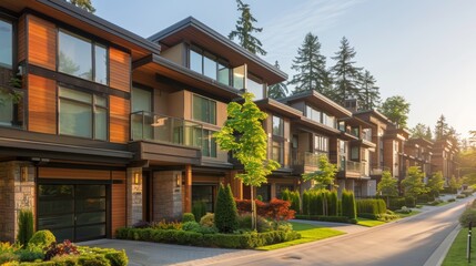 A row of luxurious townhouses with a harmonious mix of wood stone and glass accents nestled amidst...
