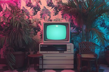 vintage retro personal computer with vaporwave , aesthetic and synthwave vibes - obrazy, fototapety, plakaty