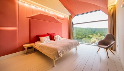 interior of a bedroom, modern living room with a window, a modern bedroom, modern architeture ,red color building structure - obrazy, fototapety, plakaty