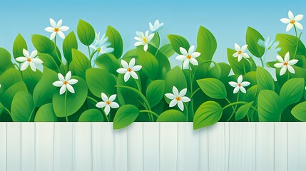 Bright white flowers with green leaves bloom above a white fence against a clear blue sky.