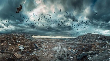 A panoramic view of a vast landfill site covered in layers of discarded waste debris and litter with swarms of birds flying overhead against an ominous cloudy sky
 - Powered by Adobe