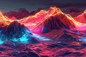 Neon Lights 3D Panorama: Virtual Neon Landscape Abstract Mountain View