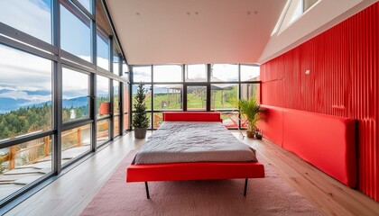 interior of a bedroom, modern living room with a window, a modern bedroom, modern architeture ,red color building structure - obrazy, fototapety, plakaty