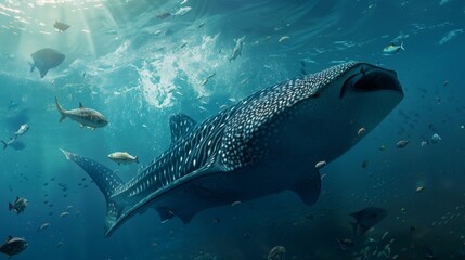 A majestic whale shark gliding through the open ocean, dwarfing the smaller fish swimming in its wake. - obrazy, fototapety, plakaty