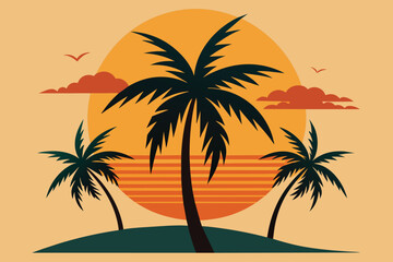 Beautiful palm tree leaf set with sun silhouette background vector illustration design