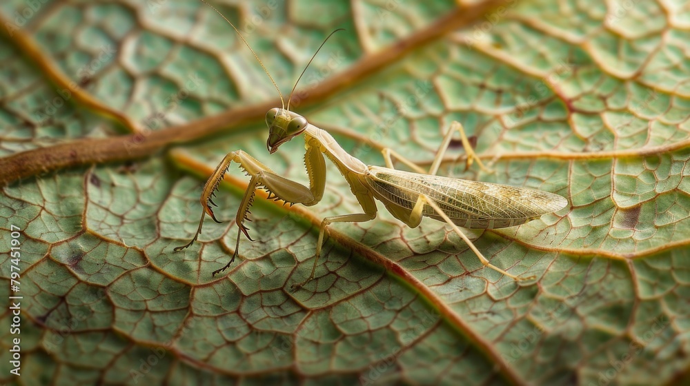 Aufkleber A mantis nymph exploring the intricate patterns of a leaf, blending in with its surroundings.