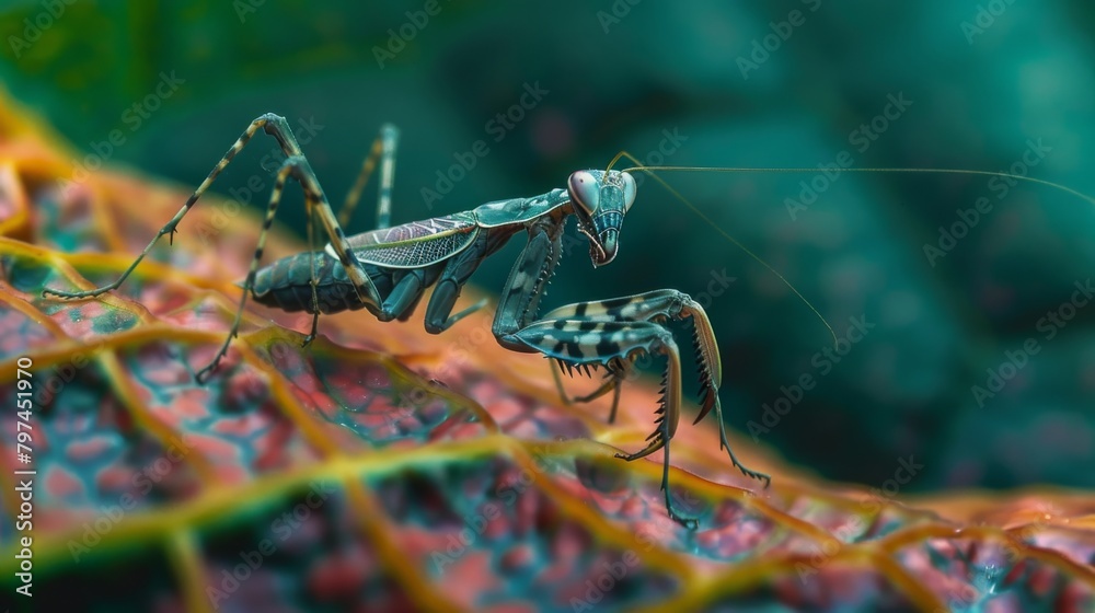 Aufkleber A mantis nymph exploring the intricate patterns of a leaf, blending in with its surroundings.