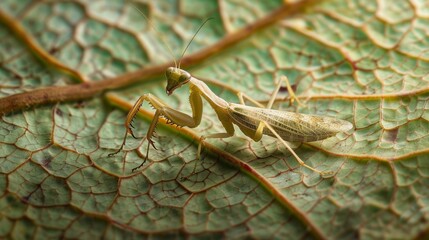 A mantis nymph exploring the intricate patterns of a leaf, blending in with its surroundings. - obrazy, fototapety, plakaty