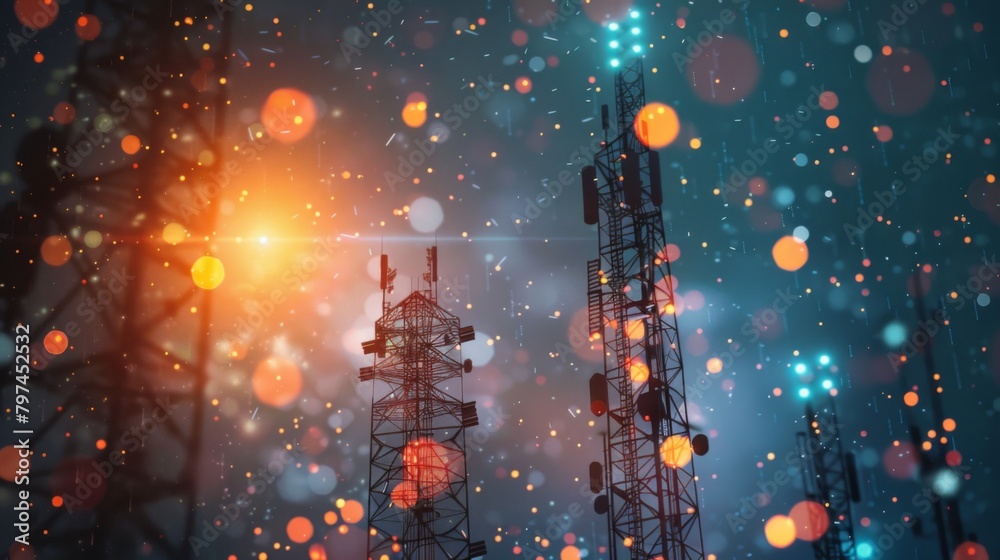 Poster a network of interconnected signal towers forming a web of communication