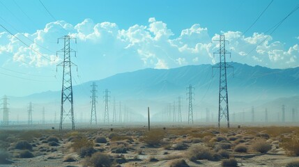 A network of transmission towers stretching across a desert terrain