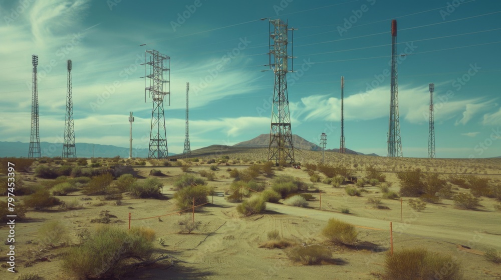 Wall mural A network of transmission towers stretching across a desert terrain