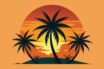 Beautiful palm tree leaf set with sun silhouette background vector illustration design