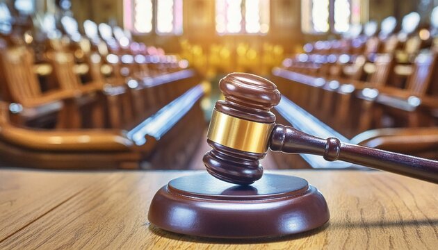 visual concept featuring a gavel in a courtroom, symbolizing the essence of law and authority