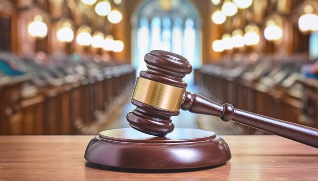 visual concept featuring a gavel in a courtroom, symbolizing the essence of law and authority