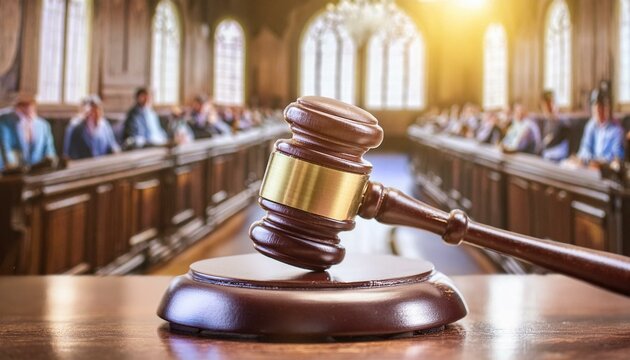 visual concept featuring a gavel in a courtroom, symbolizing the essence of law and authority