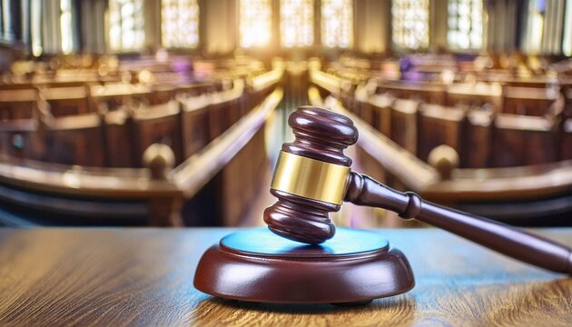 visual concept featuring a gavel in a courtroom, symbolizing the essence of law and authority