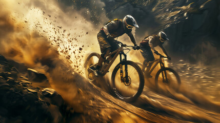 Two men are riding in full gear on mountain bikes in the mountains. Bicycles are riding on a dirt road