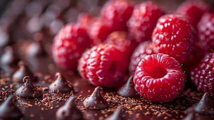 Luscious raspberries nestle against each other, their ruby-red hues contrasting against a backdrop of dark chocolate. A tantalizing blend of tartness and sweetness awaits in every bite. - obrazy, fototapety, plakaty