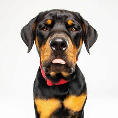 Beautiful rottweiler puppy dog isolated on white background. looking at camera .front view.dog studio portrait.
 dog isolated .puppy isolated .puppy closeup face,indoors.cute puppy isolated .
