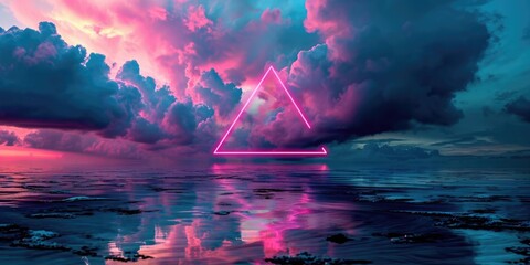 Obraz premium The great pinkish floating triangle beyond the ocean that surrounded with a lot amount of the tall cloud at the dawn or dusk time of the day that shine light to the every part of the picture. AIGX03.