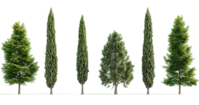 Different types of cypress trees isolated transparent background PNG
