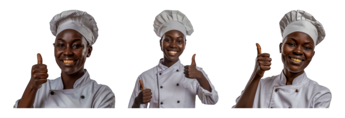 Confident african female chef with a thumbs up gesture cut out png on transparent background
