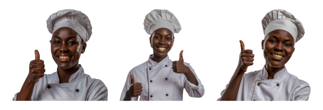 Confident african female chef with a thumbs up gesture cut out png on transparent background - Powered by Adobe