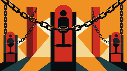 An installation piece utilizing chains and shackles to represent the oppression and of slavery.. Vector illustration - obrazy, fototapety, plakaty