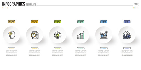 Circular infographic template or element with 6 step, process, option, colorful 3D circle, tag, button, label, icons, row, bar, funnel, fishbone, paper, origami for sale slide, web, flowchart