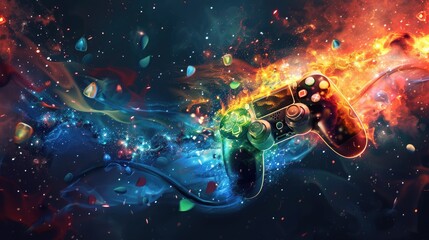 Fototapeta premium A video game controller is shown in a colorful, abstract background, Generative AI