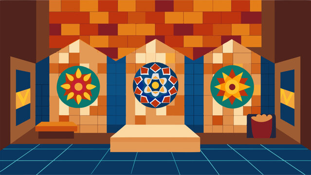 The sauna walls are adorned with intricate mosaics created by the joint effort of multiple artists during a sauna session..