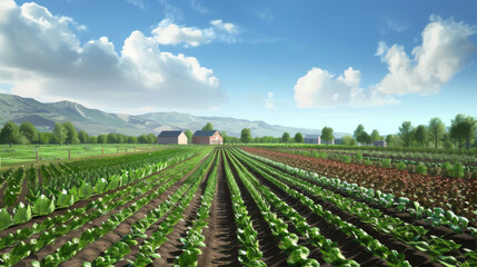 Idyllic farm scene with lush fields and a clear sky