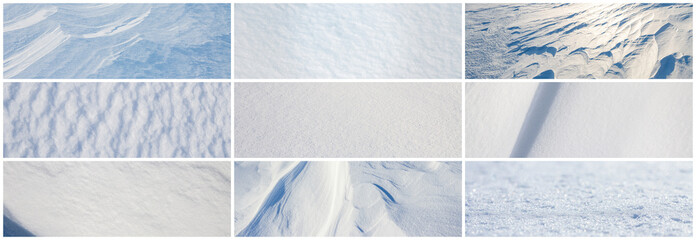 Set of snow textures. Collection of beautiful panoramic winter backgrounds with pure fresh snow and...