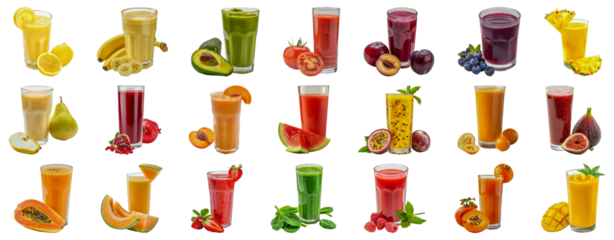 Fresh fruit smoothies with ingredients cut out png on transparent background