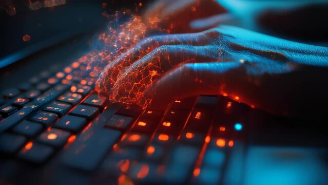 Hands typing on illuminated laptop keyboard in dark at home office. Hacker uses keyboard, shakes buttons with fingers to crack password. Internet security concept, cyber attack. Neon orange color.