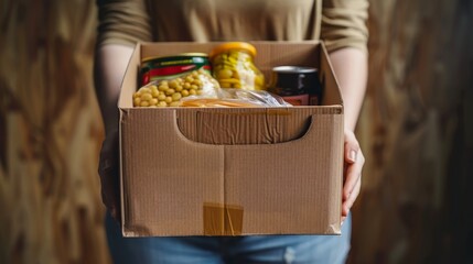 Woman volunteer holding box of food donation with grocery products for charity and food bank support