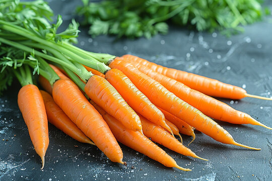 A cluster of vibrant orange carrots, their slender shapes contrasting beautifully with the bright backdrop, offering sweet crunchiness and beta-carotene richness.